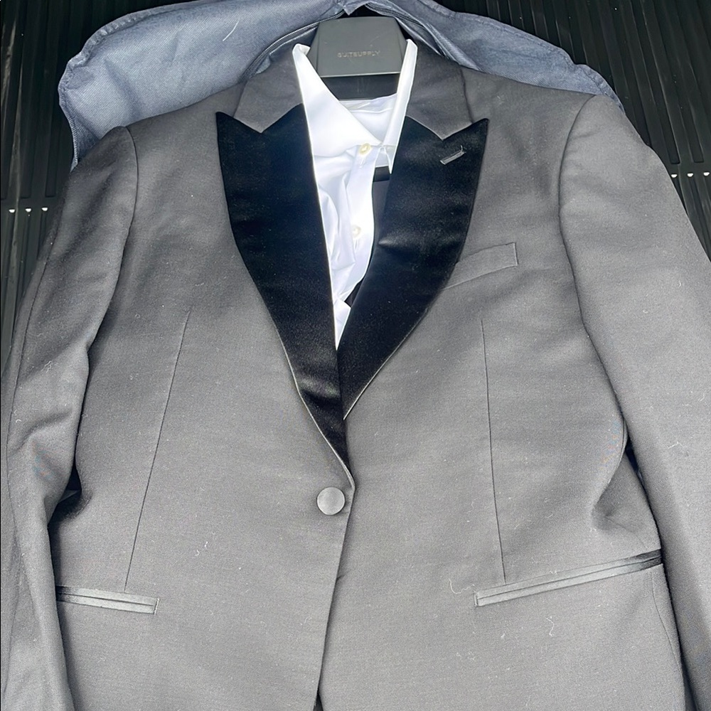 Black Tuxedo with Satin Lapels and Structured Shoulders